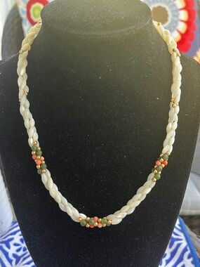 Vintage Iridescent Mother of Pearl Three Strand Bead Necklace with Coral, Jade,
